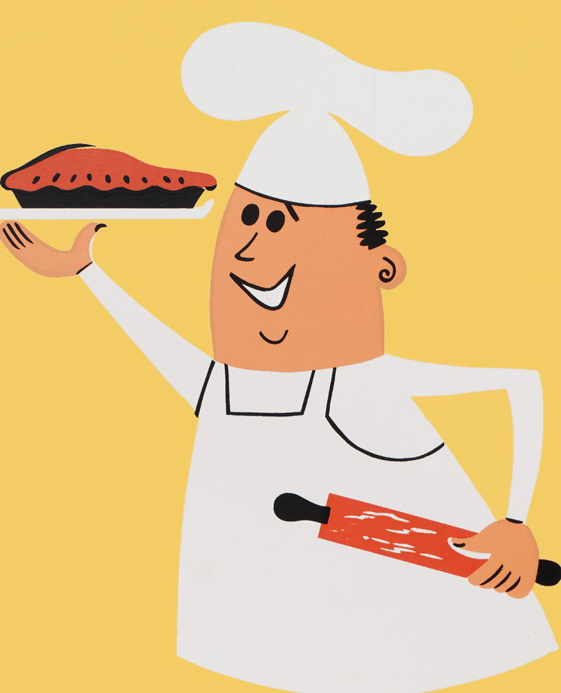 Nostalgic graphic of chef holding plate with pie