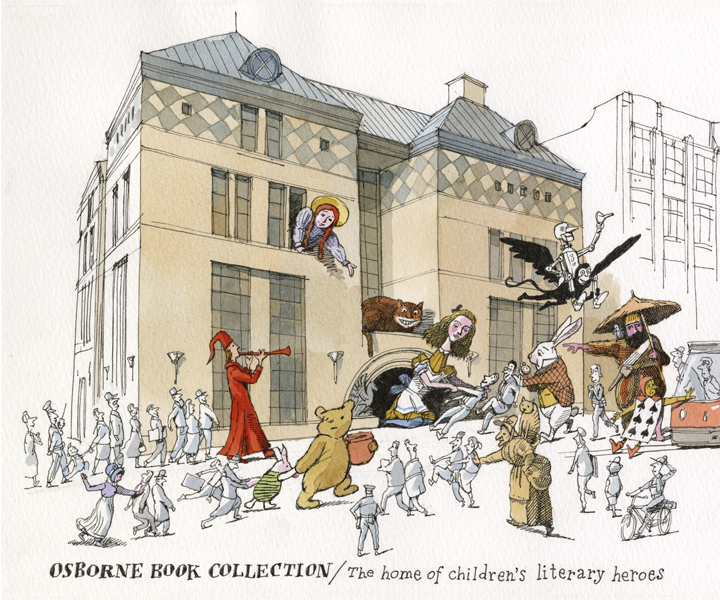 Illustration of children's book characters at library branch