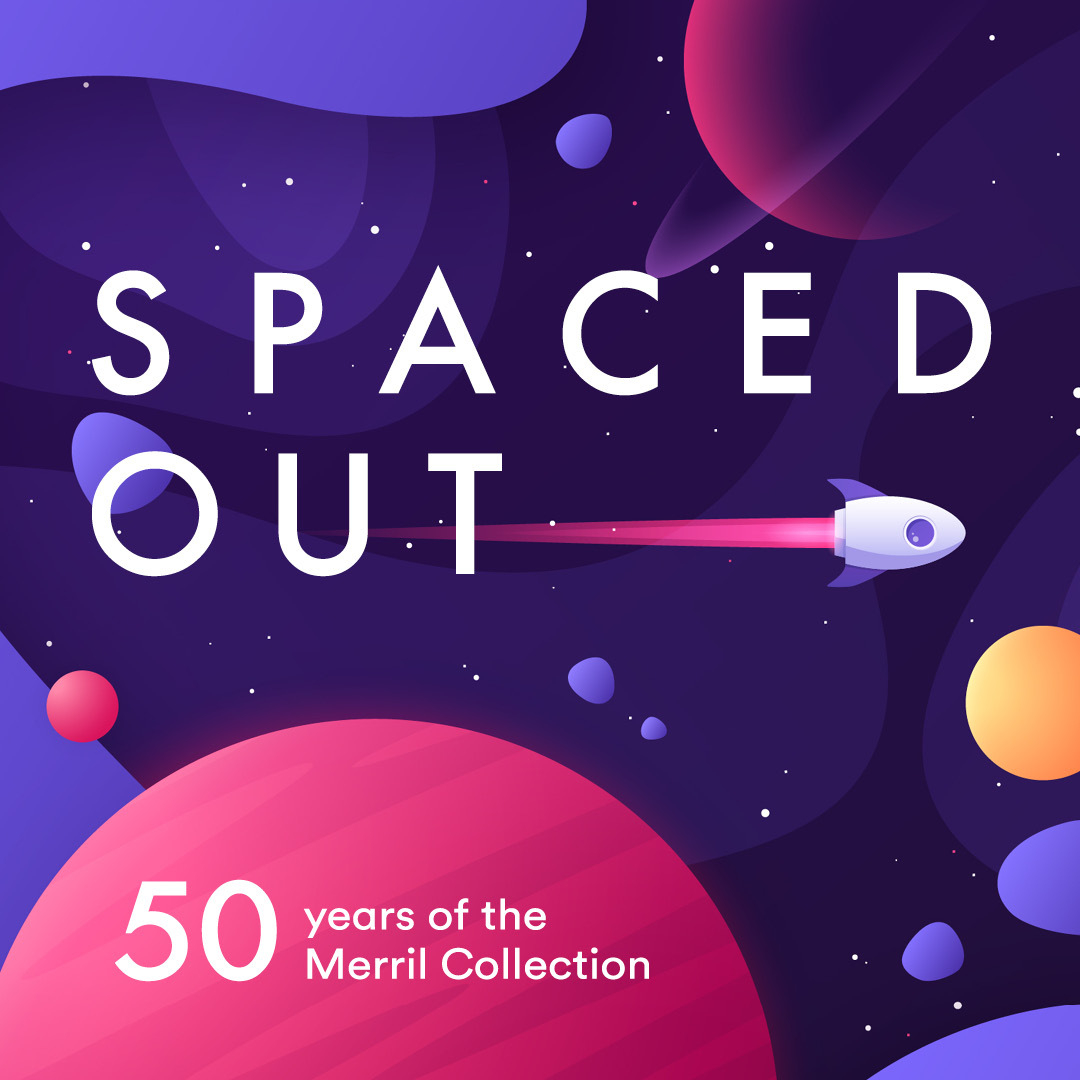 Vibrant illustration of rocket blasting through space with title of exhibit