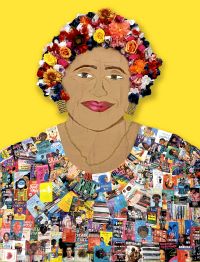 Collage portrait of Dr. Rita Cox, made up of book covers and flowers.