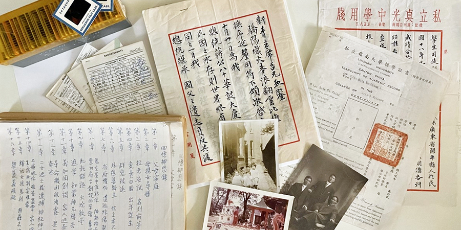 Arrangement of archival items such as manuscripts written with Chinese characters and photos