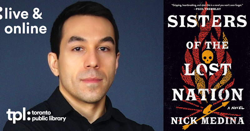 picture of presenter and author Nick Medina and the cover of his book, Sisters of the Lost Nation.