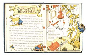 opened book with chapter title jack and the beanstalk and illustrations popping out of page