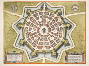 Striking geometrical map showing walled aread and roads leading out into grassy area