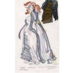 Illustration of woman in flowing gown with mask and bits of materials on corner of page