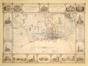 Old map of Toronto with images of buildings along border