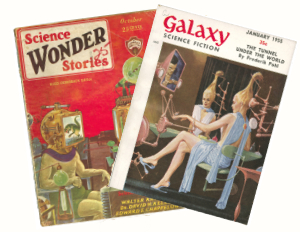 Two vintage covers of sci fi pulp magazines