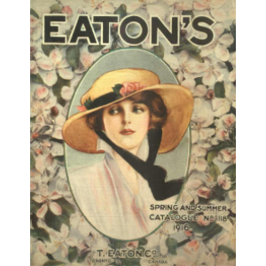Cover with illustrated women wearing large hat framed by flowers and the word Eaton's on top