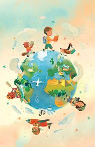 An illustration featuring children and animals, reading books and exploring the world by walking, kayaking and flying around the circumference of the earth.
