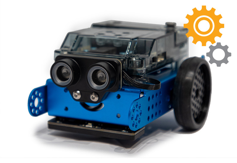 A blue educational mBot2 robot with wheels and front‑facing sensors, used for coding and AI learning